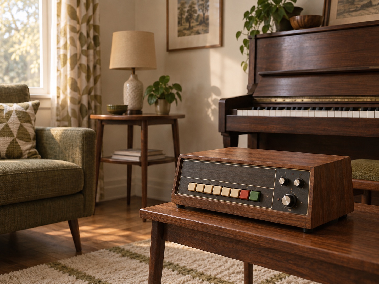 An imagined wood-cased rhythm box on a low table beside a home piano.