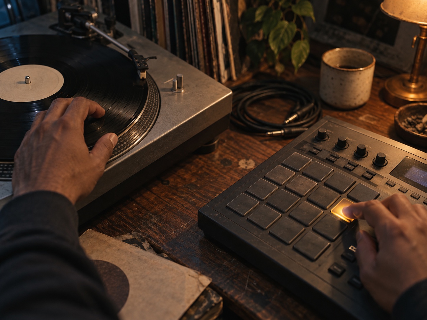Hands cue a record and trigger a pad sampler in a small studio.