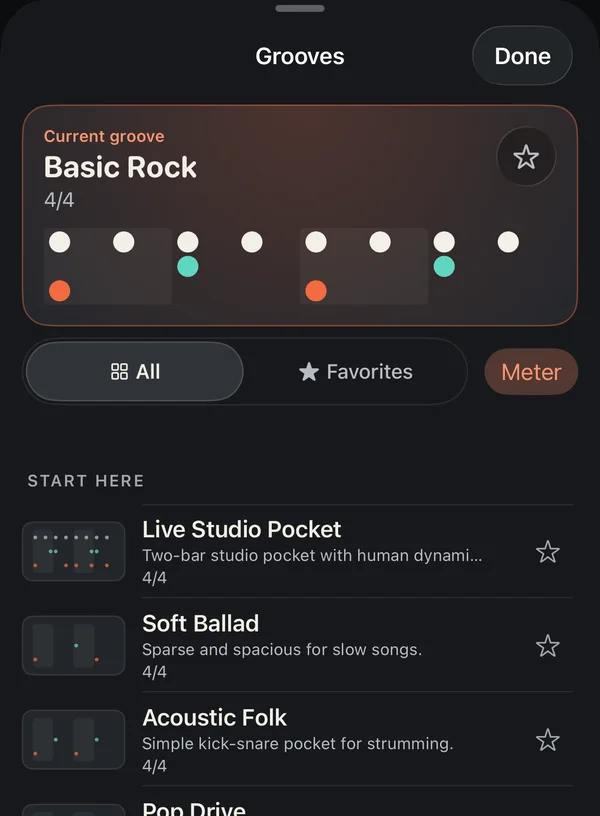 Lista de levadas do SuperTime: Basic Rock como levada atual, com Live Studio Pocket, Soft Ballad e Acoustic Folk abaixo