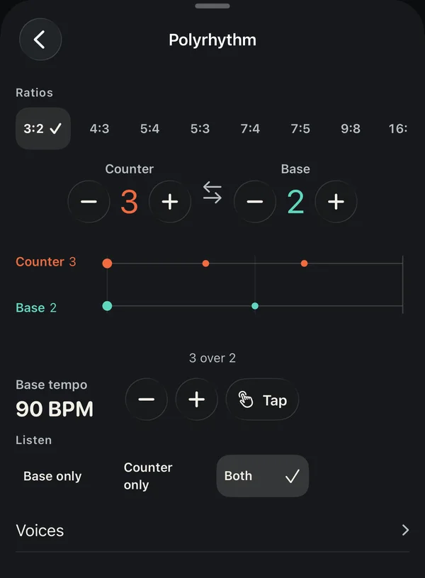 Tela de polirritmia do SuperTime tocando 3:2 a 90 BPM, com os dois pulsos numa linha do tempo