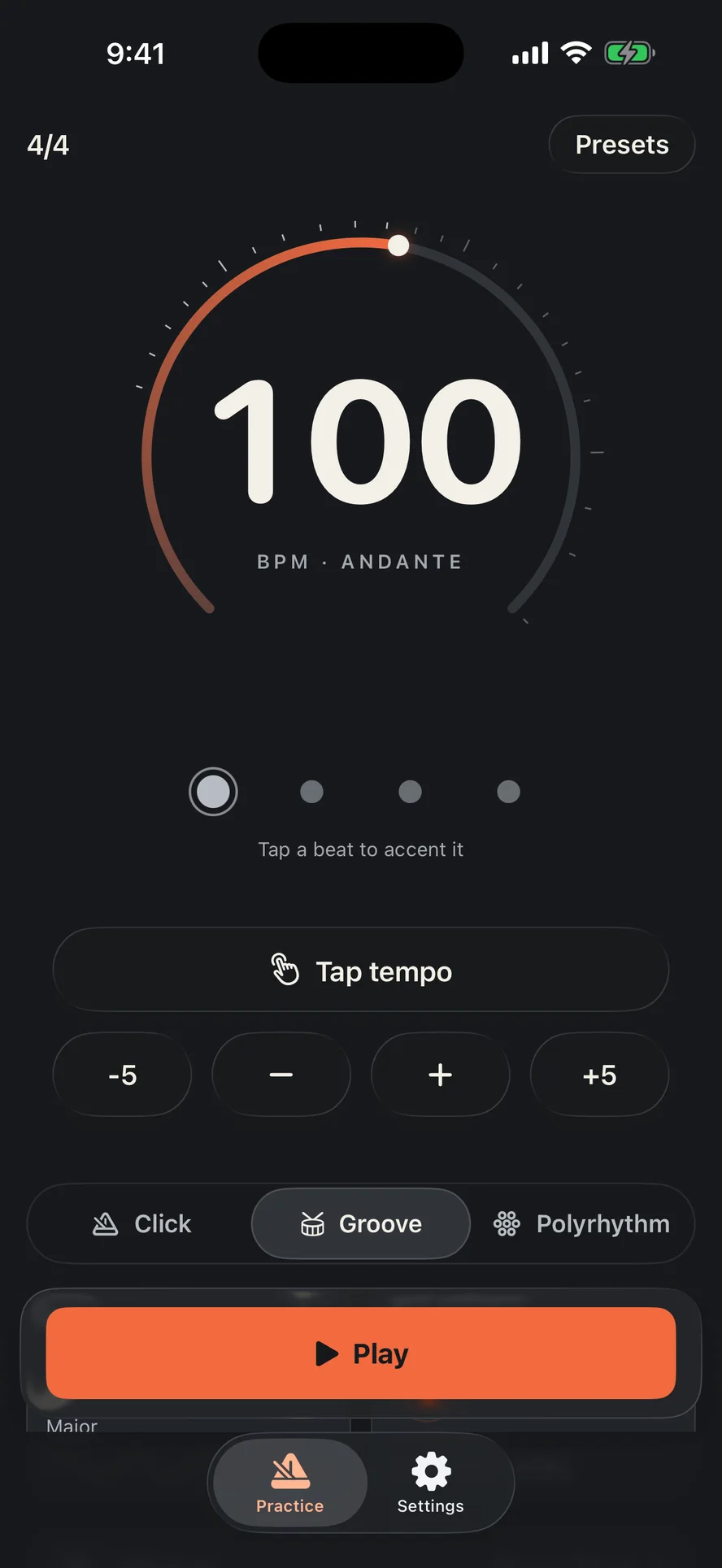 Tela de prática do SuperTime: 100 BPM em 4/4 com Groove escolhido, tap tempo e Play