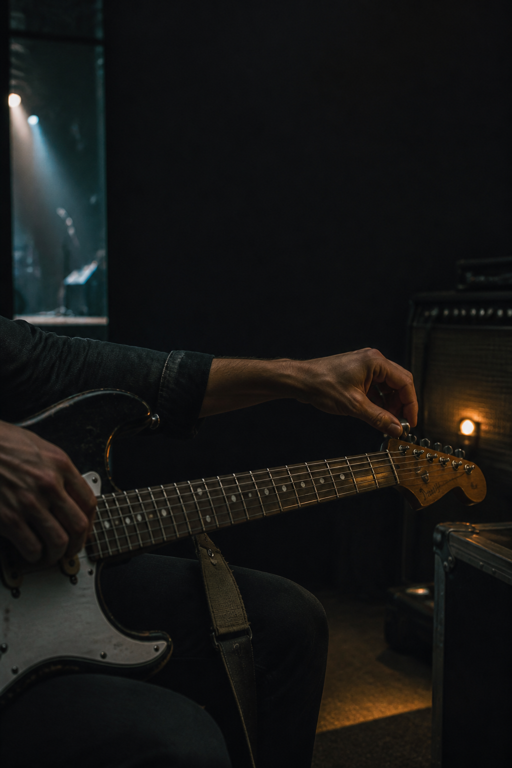 A guitarist tuning quietly backstage before playing with Tune Right